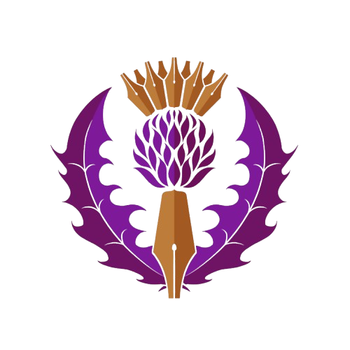A purple and gold thistle made out of fountain pen nibs. West of Scotland Writing Group's Logo